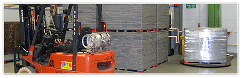 Forklift moving wrapped pallets of cleaned returnable packaging in the Package Wash Australia facility